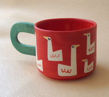 Load image into Gallery viewer, Handmade Ceramic Cup- Red Cup Green Handle/ Geese