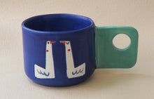 Load image into Gallery viewer, Handmade Ceramic Cup- Dark Blue Cup Green Handle/ Geese