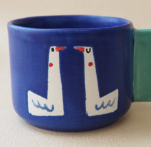 Load image into Gallery viewer, Handmade Ceramic Cup- Dark Blue Cup Green Handle/ Geese