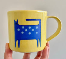 Load image into Gallery viewer, Handmade Ceramic Mug- Dark Blue Cat, Yellow Cup