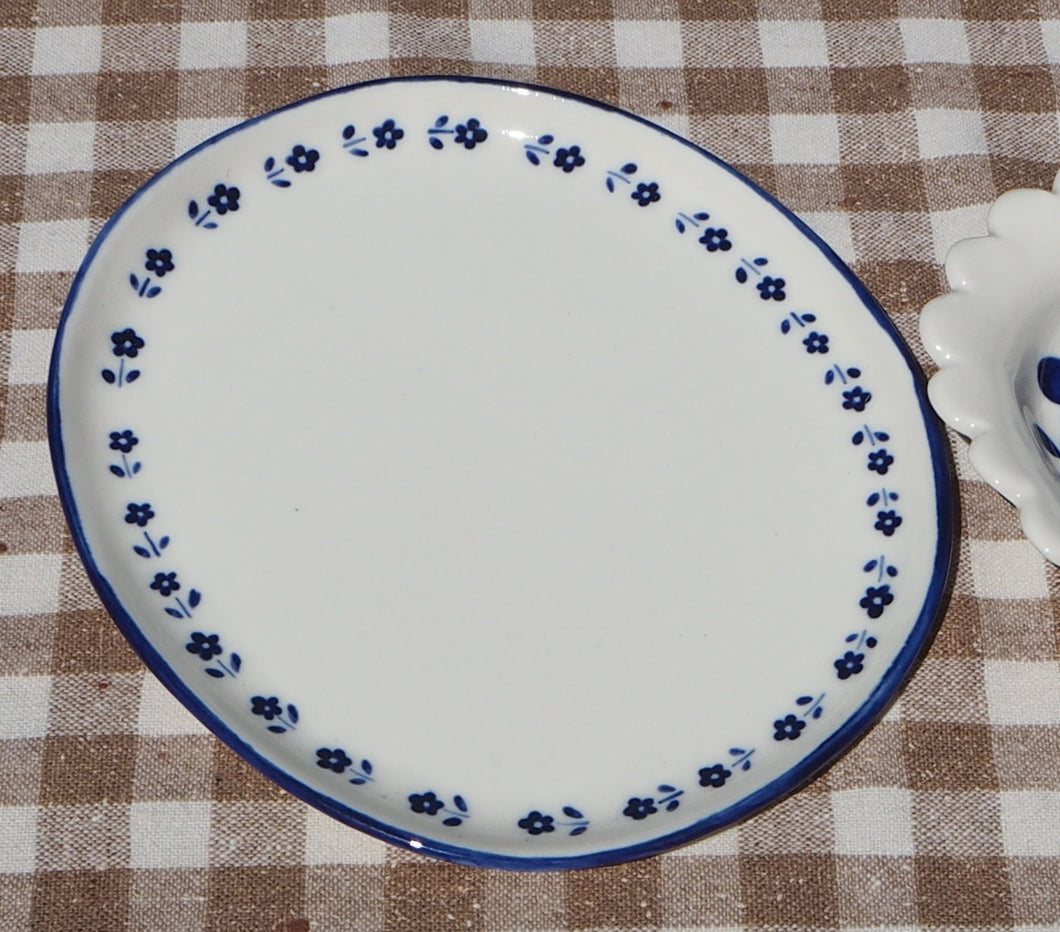 Small Handmade Ceramic Plate- Daisy and blue rim