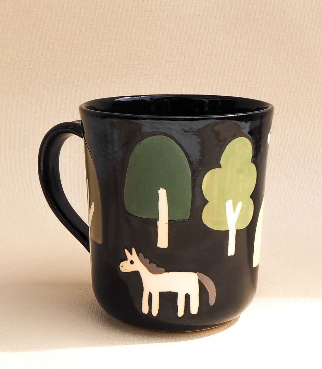 Handmade Ceramic Mug- Two horses among the trees (#2)