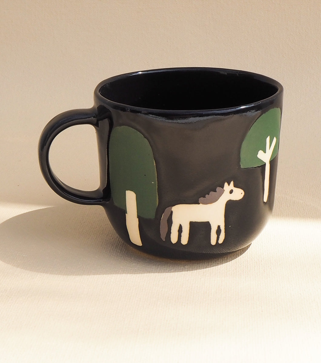 Handmade Ceramic Cup- A horse among the trees