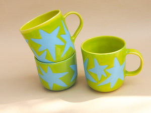 Handmade Ceramic Cup- green cup and blue stars
