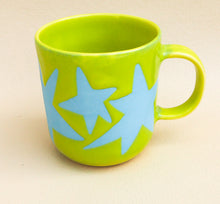 Load image into Gallery viewer, Handmade Ceramic Cup- green cup and blue stars
