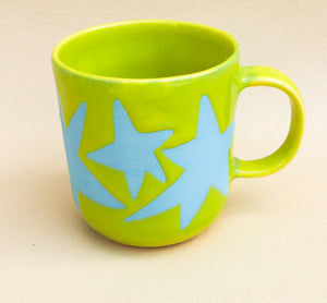 Handmade Ceramic Cup- green cup and blue stars