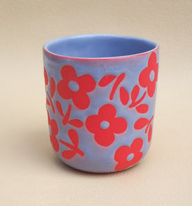 Handmade Ceramic Tumbler- lilac tumbler with pink flowers