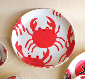 Handmade Ceramic Shallow Bowl with Red Crabs
