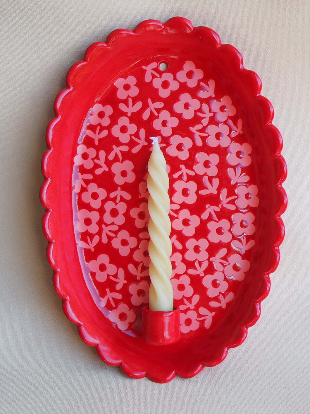 Handmade Ceramic Wall Hanging Candle Holder- Red with pink flowers