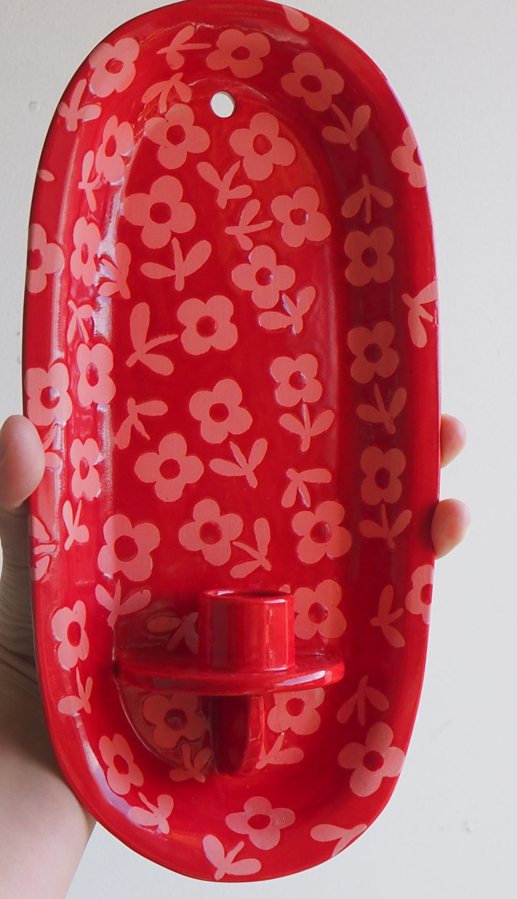 Handmade Ceramic Wall Hanging Candle Holder- Red with pink flowers-small