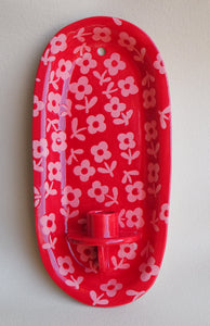Handmade Ceramic Wall Hanging Candle Holder- Red with pink flowers-small
