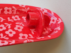 Handmade Ceramic Wall Hanging Candle Holder- Red with pink flowers-small