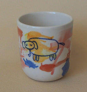 Handmade Ceramic Cup- doodles on colorful background-Elephant & Cat