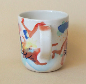 Handmade Ceramic Cup- doodles on colorful background-Elephant & Cat