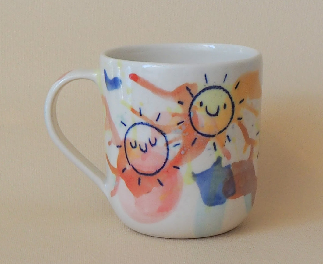 Handmade Ceramic Cup- doodles on colorful background-Suns