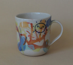 Handmade Ceramic Cup- doodles on colorful background-Elephant & Sun