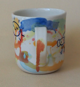 Handmade Ceramic Cup- doodles on colorful background-Elephant & Sun