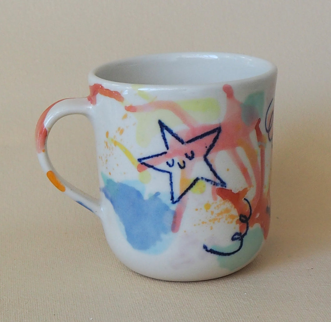 Handmade Ceramic Cup- doodles on colorful background-Star & Cat