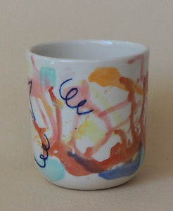 Handmade Ceramic Cup- doodles on colorful background-Star & Cat