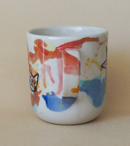 Handmade Ceramic Cup- doodles on colorful background-Star & Cat