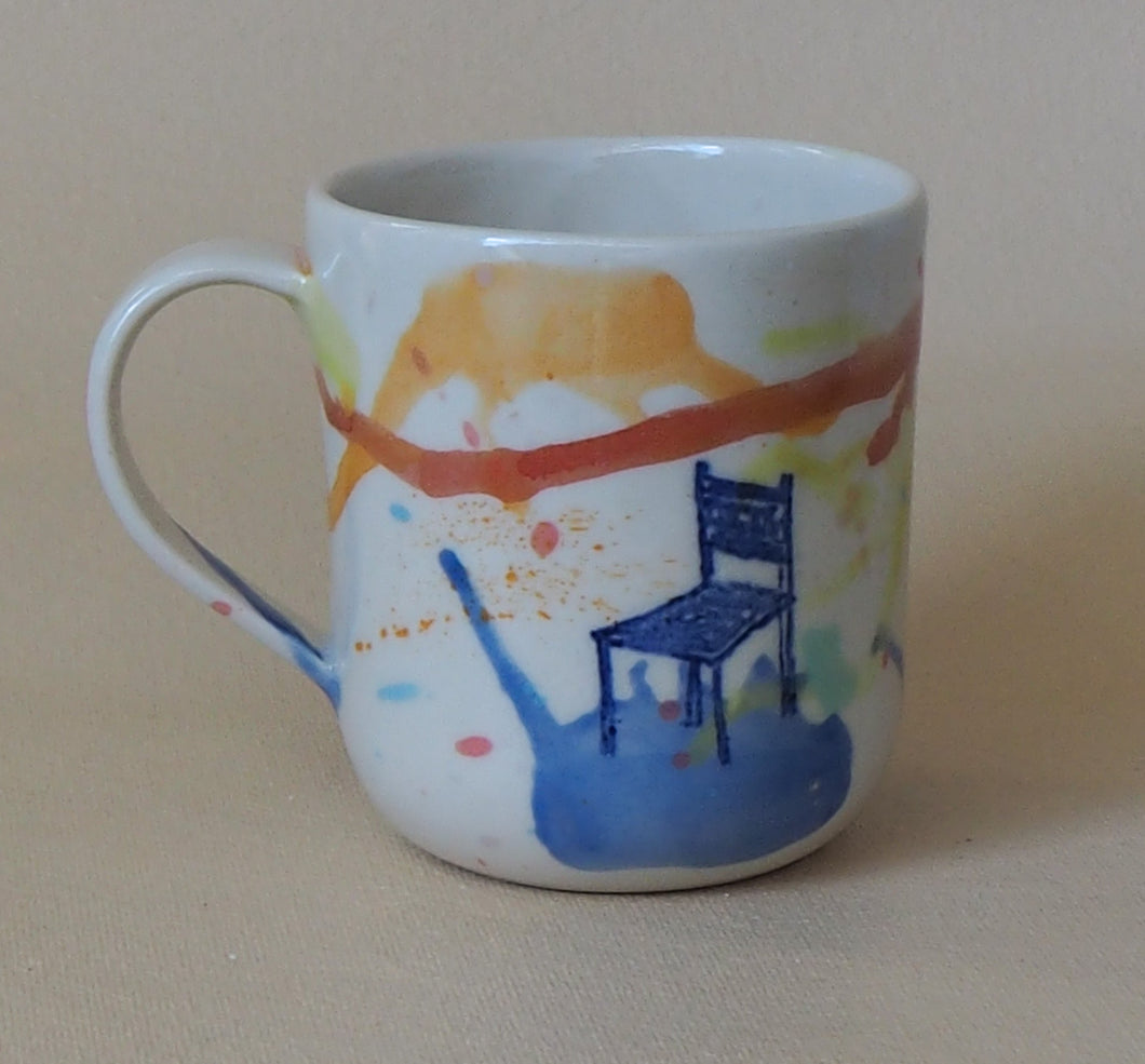 Handmade Ceramic Cup- doodles on colorful background-Chair
