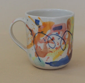 Handmade Ceramic Cup- doodles on colorful background-lines