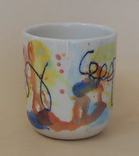 Load image into Gallery viewer, Handmade Ceramic Cup- doodles on colorful background-lines
