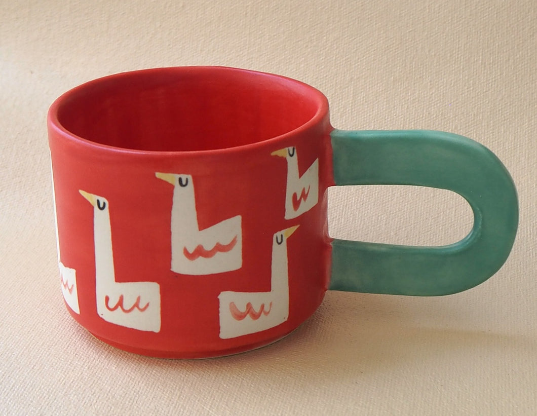 Handmade Ceramic Cup- Red Cup Green Handle/ Geese