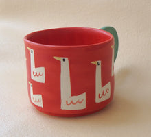 Load image into Gallery viewer, Handmade Ceramic Cup- Red Cup Green Handle/ Geese
