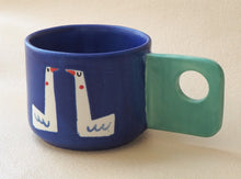 Load image into Gallery viewer, Handmade Ceramic Cup- Dark Blue Cup Green Handle/ Geese
