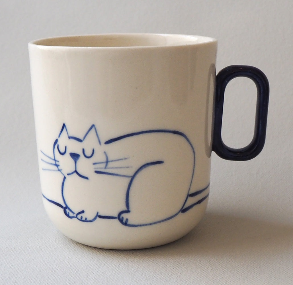 Handmade Ceramic Cup-Cat and blue square handle