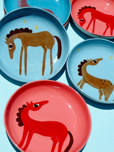 Handmade Ceramics Shallow Bowls with Horse (Blue- pick from 3)