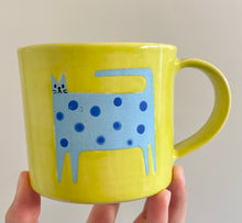 Load image into Gallery viewer, Handmade Ceramic Mug- Light Blue Cat, Green Cup

